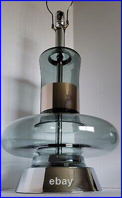 Vtg Mid Century Modern Handblown Smoky Blue Glass Saucer Table Lamp Chrome