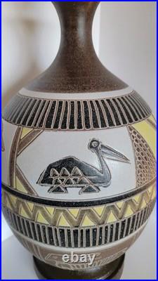 Vtg Mid Century Modern Hieroglyph Animals Brown Yellow Ceramic Table Lamp