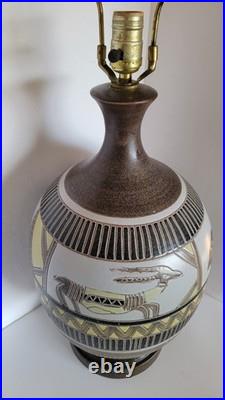 Vtg Mid Century Modern Hieroglyph Animals Brown Yellow Ceramic Table Lamp
