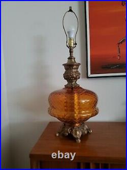 Vtg Mid Century Modern Hollywood Regency Optical Amber Glass & Brass Lamp 33