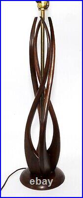 Vtg Mid Century Modern Sculptural Twisted Teak Walnut Finish Brass Table Lamp