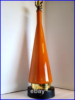Vtg Mid Century Modern TALL Tapered Orange Glass & Brass Table Lamp 34