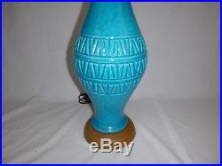 Vtg Mid Century Modern Turquoise Blue Ceramic Table Lamp Wood Neck & Base