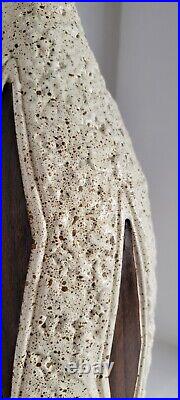 Vtg Mid Century Modern White Lava Glaze Ceramic Wood, Diamond Inlays Lamp 31