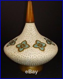 Vtg Mid Century White with Gold Speckle Aqua Flower UFO Lamp Wood Neck LN Lamp