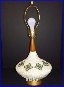 Vtg Mid Century White with Gold Speckle Aqua Flower UFO Lamp Wood Neck LN Lamp