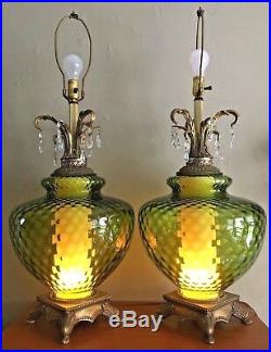 Vtg Midcentury Green Glass Table Lamps withPrisms. Light-up Bases. 3-way Switch
