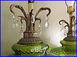 Vtg Midcentury Green Glass Table Lamps withPrisms. Light-up Bases. 3-way Switch