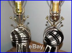 Vtg PAiR TABLE LAMPS Mid CenTury Modern BLK WhiTe GoLd ATomic SpuTNiK Starburst