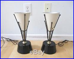 Vtg PR 50s Atomic Space Age Torch Table Lamps Orig Parchment Shades Mid Century