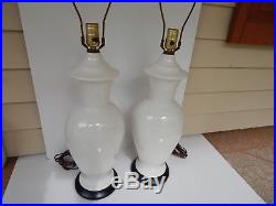 Vtg. Pair (2) Mid Century Modern Tall White Ginger Jar Lamps Hollywood Regency