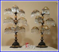 Vtg Pair Art Deco Nouveau Palm Frond Prism Filigree Large Table Lamps Chandelier