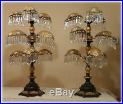 Vtg Pair Art Deco Nouveau Palm Frond Prism Filigree Large Table Lamps Chandelier