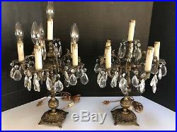 Vtg Pair Brass Crystal Table Chandelier Lamps Hollywood Regency 5 Arm 6 Light