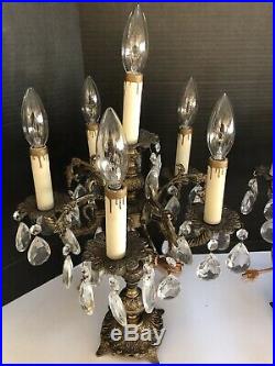 Vtg Pair Brass Crystal Table Chandelier Lamps Hollywood Regency 5 Arm 6 Light