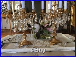 Vtg Pair Candelabra Lamps Crystal Prisms Table Chandeliers French Italian Style
