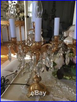 Vtg Pair Candelabra Lamps Crystal Prisms Table Chandeliers French Italian Style