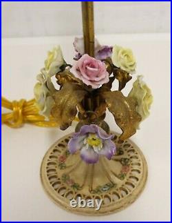 Vtg Pair FRENCH BOUDOIR LAMPS Porcelain Flowers Gilt Leaves Metal Ptd Roses Base