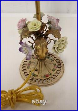 Vtg Pair FRENCH BOUDOIR LAMPS Porcelain Flowers Gilt Leaves Metal Ptd Roses Base