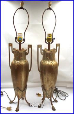 Vtg Pair Gilt Metal Neoclassical Revival Art Nouveau Style Footed Table Lamps
