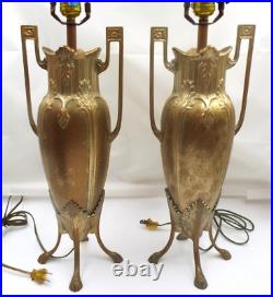 Vtg Pair Gilt Metal Neoclassical Revival Art Nouveau Style Footed Table Lamps