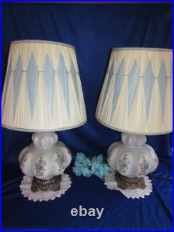Vtg Pair MID Century Hollywood Regency Falkenstein Blue Floral Buble Table Lamps