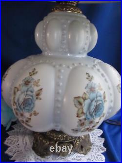 Vtg Pair MID Century Hollywood Regency Falkenstein Blue Floral Buble Table Lamps