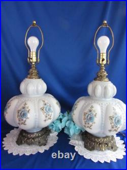 Vtg Pair MID Century Hollywood Regency Falkenstein Blue Floral Buble Table Lamps