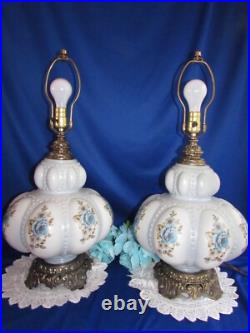 Vtg Pair MID Century Hollywood Regency Falkenstein Blue Floral Buble Table Lamps