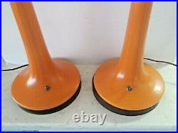 Vtg Pair MID Century Modern Orange Metal Table Lamps Atomic Eames Danish