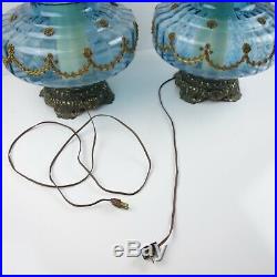 Vtg Pair Mid Century Blue Glass Table Lamps Falkenstein Hollywood Regency Lrg
