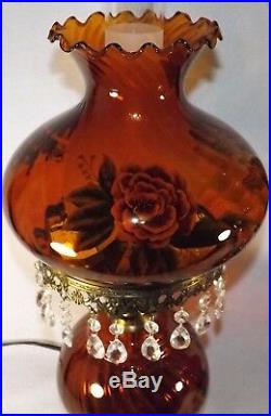 Vtg Pair of Matching Gone With The Wind Lamps Amber Hanging Crystals GWTW Roses
