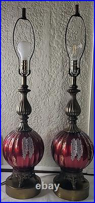Vtg. Ribbed Red With Gold &White Design Glass Table Lamp 33 3/4 Tall. Set 2 MCM