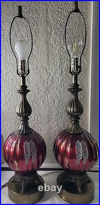 Vtg. Ribbed Red With Gold &White Design Glass Table Lamp 33 3/4 Tall. Set 2 MCM