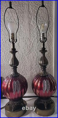 Vtg. Ribbed Red With Gold &White Design Glass Table Lamp 33 3/4 Tall. Set 2 MCM