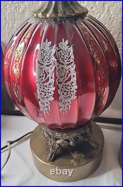 Vtg. Ribbed Red With Gold &White Design Glass Table Lamp 33 3/4 Tall. Set 2 MCM