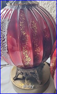 Vtg. Ribbed Red With Gold &White Design Glass Table Lamp 33 3/4 Tall. Set 2 MCM