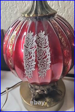 Vtg. Ribbed Red With Gold &White Design Glass Table Lamp 33 3/4 Tall. Set 2 MCM