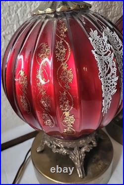 Vtg. Ribbed Red With Gold &White Design Glass Table Lamp 33 3/4 Tall. Set 2 MCM