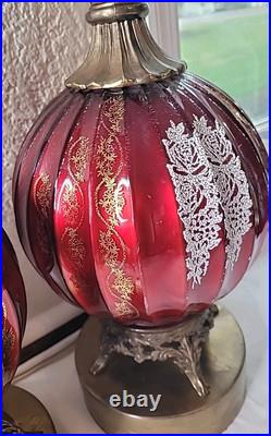 Vtg. Ribbed Red With Gold &White Design Glass Table Lamp 33 3/4 Tall. Set 2 MCM