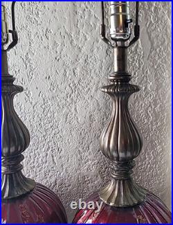 Vtg. Ribbed Red With Gold &White Design Glass Table Lamp 33 3/4 Tall. Set 2 MCM