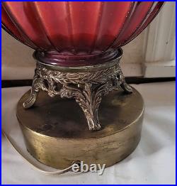 Vtg. Ribbed Red With Gold &White Design Glass Table Lamp 33 3/4 Tall. Set 2 MCM