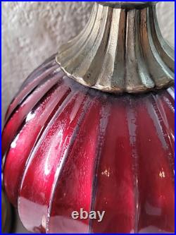 Vtg. Ribbed Red With Gold &White Design Glass Table Lamp 33 3/4 Tall. Set 2 MCM