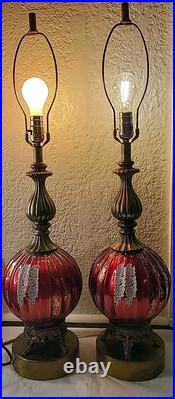 Vtg. Ribbed Red With Gold &White Design Glass Table Lamp 33 3/4 Tall. Set 2 MCM