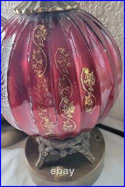Vtg. Ribbed Red With Gold &White Design Glass Table Lamp 33 3/4 Tall. Set 2 MCM