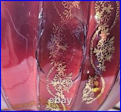 Vtg. Ribbed Red With Gold &White Design Glass Table Lamp 33 3/4 Tall. Set 2 MCM