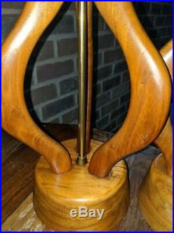 Vtg Set (2) Mid Century Danish Modern Sculptural Teak Wood and Brass Table Lamp