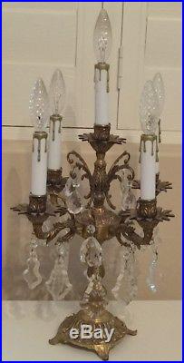 Vtg Shabby French Ornate Brass Crystal Candelabra Table Lamp 5 Light Chandelier