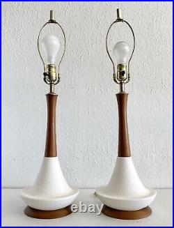 Vtg Table Lamp Teak White Ceramic Textured MCM Genie Mid Century Danish Modern