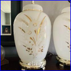 Vtg Underwriters Laboratories Lamp Frosted Glass Gold Gild Wheat Flowers Pair 2